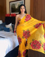 Attractive flowers design Yellow saree haldi function, for wedding Party Ready To Wear