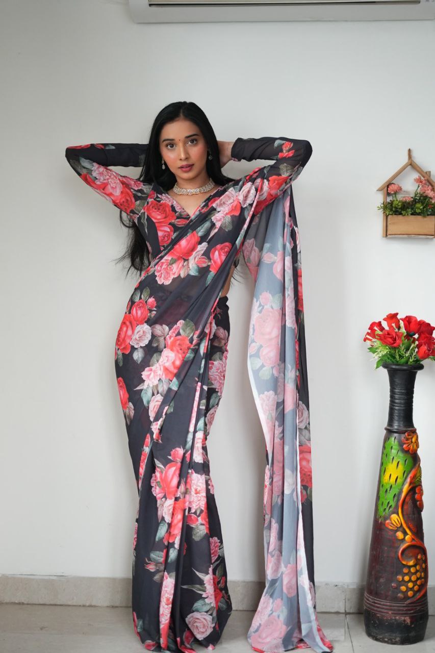 Beautiful Digital Printed Premium Georgette silk ready to wear floral saree