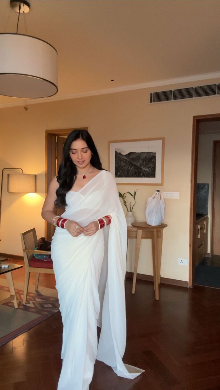 1 Minute Ready Wear Plain White Saree For Traditional look