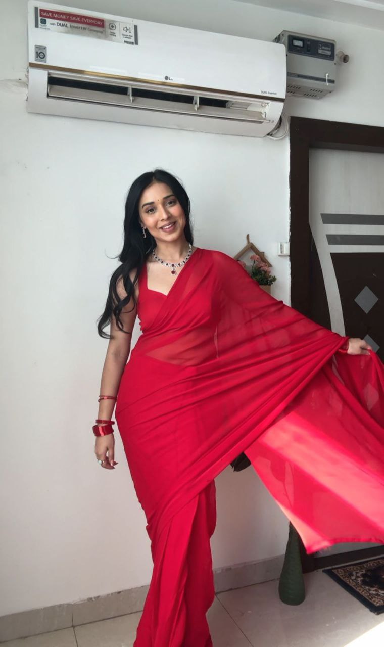 Pure soft Georgette silk with beautiful Red color Ready To Wear saree