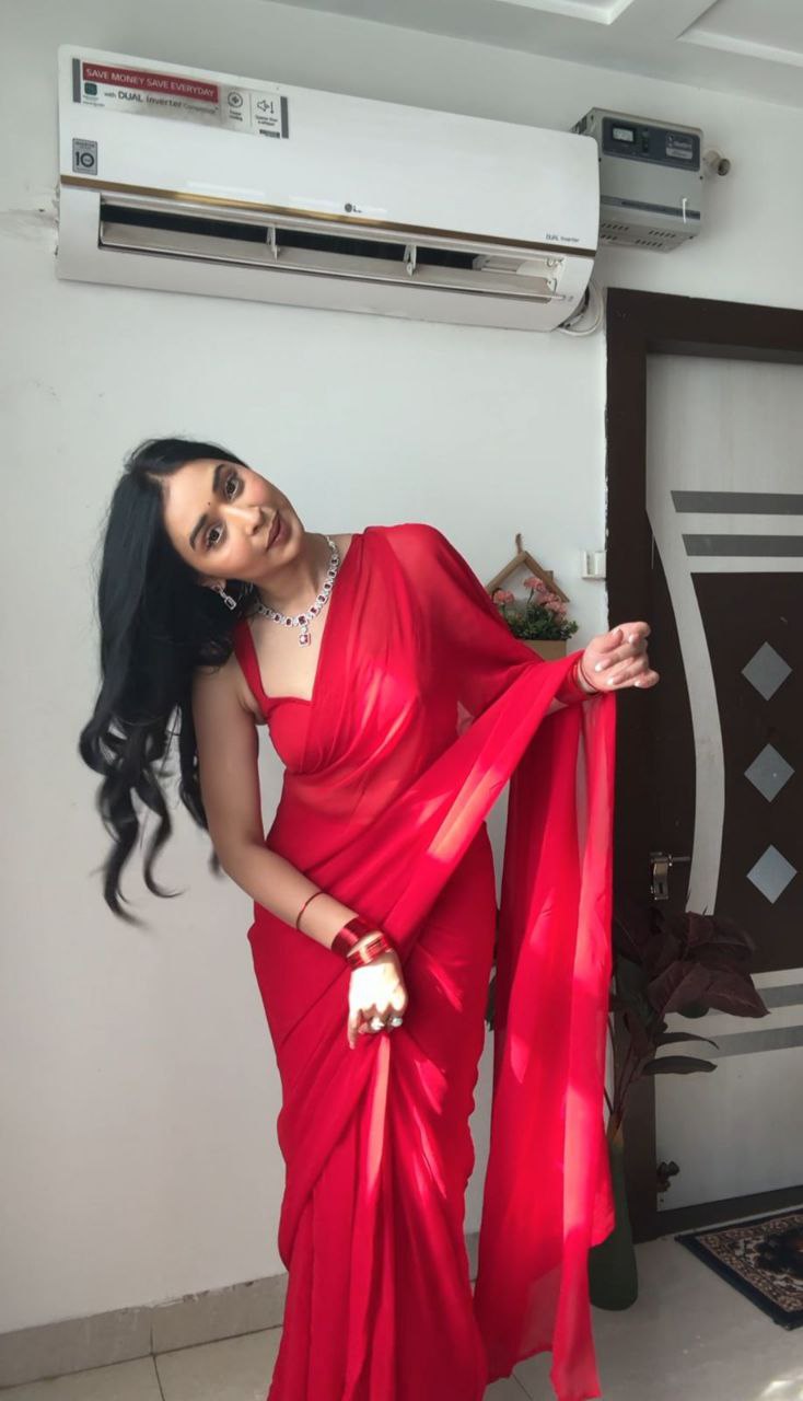 Pure soft Georgette silk with beautiful Red color Ready To Wear saree