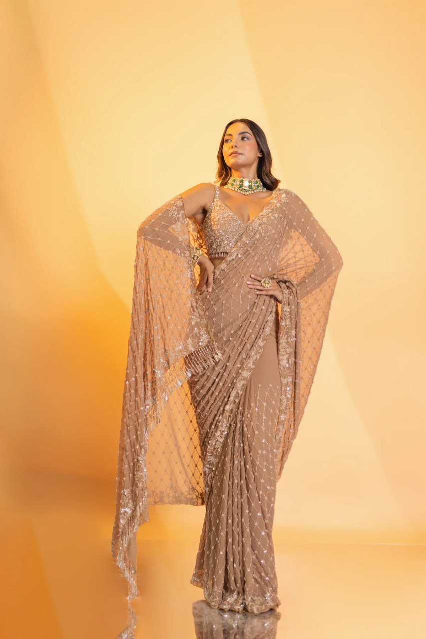 Awesome Golden Colour Sequined Georgette Party Wear Saree