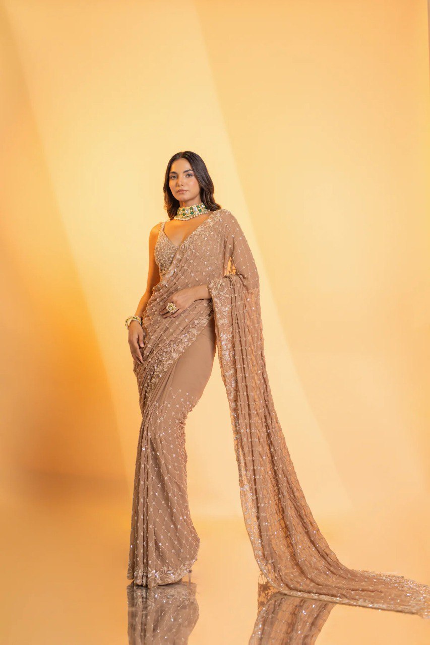 Awesome Golden Colour Sequined Georgette Party Wear Saree