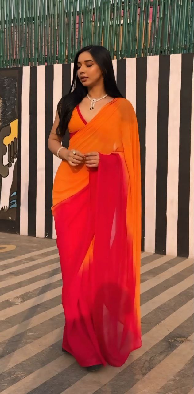 1-Minute Ready To Wear Orange & dark rani  Color Georgette Saree