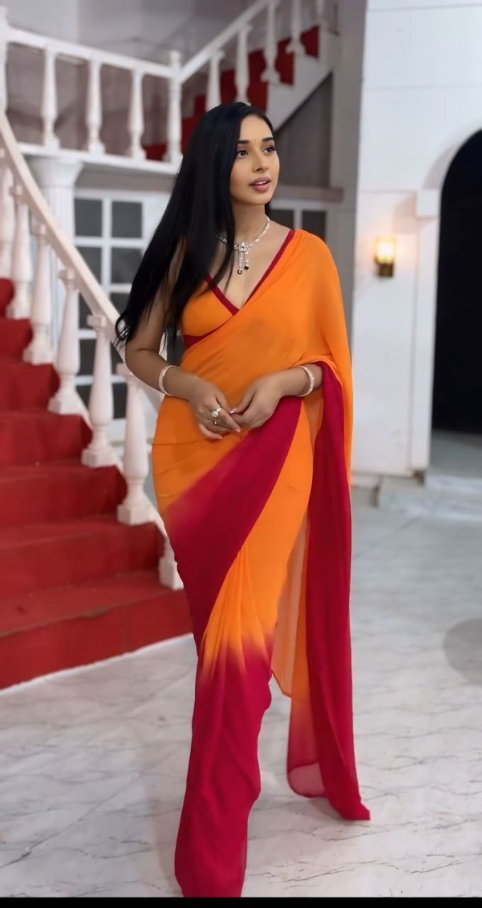 1-Minute Ready To Wear Orange & dark rani  Color Georgette Saree