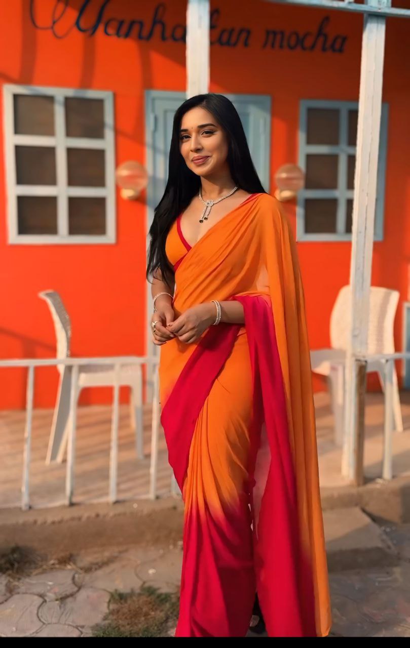 1-Minute Ready To Wear Orange & dark rani  Color Georgette Saree