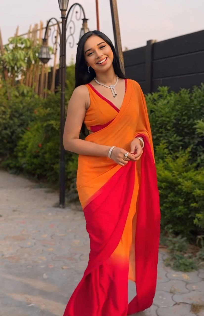 1-Minute Ready To Wear Orange & dark rani  Color Georgette Saree