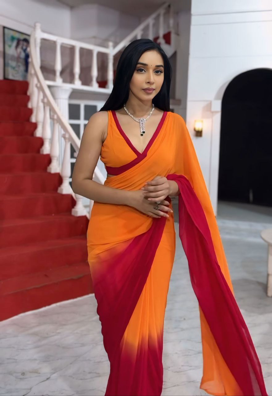 1-Minute Ready To Wear Orange & dark rani  Color Georgette Saree