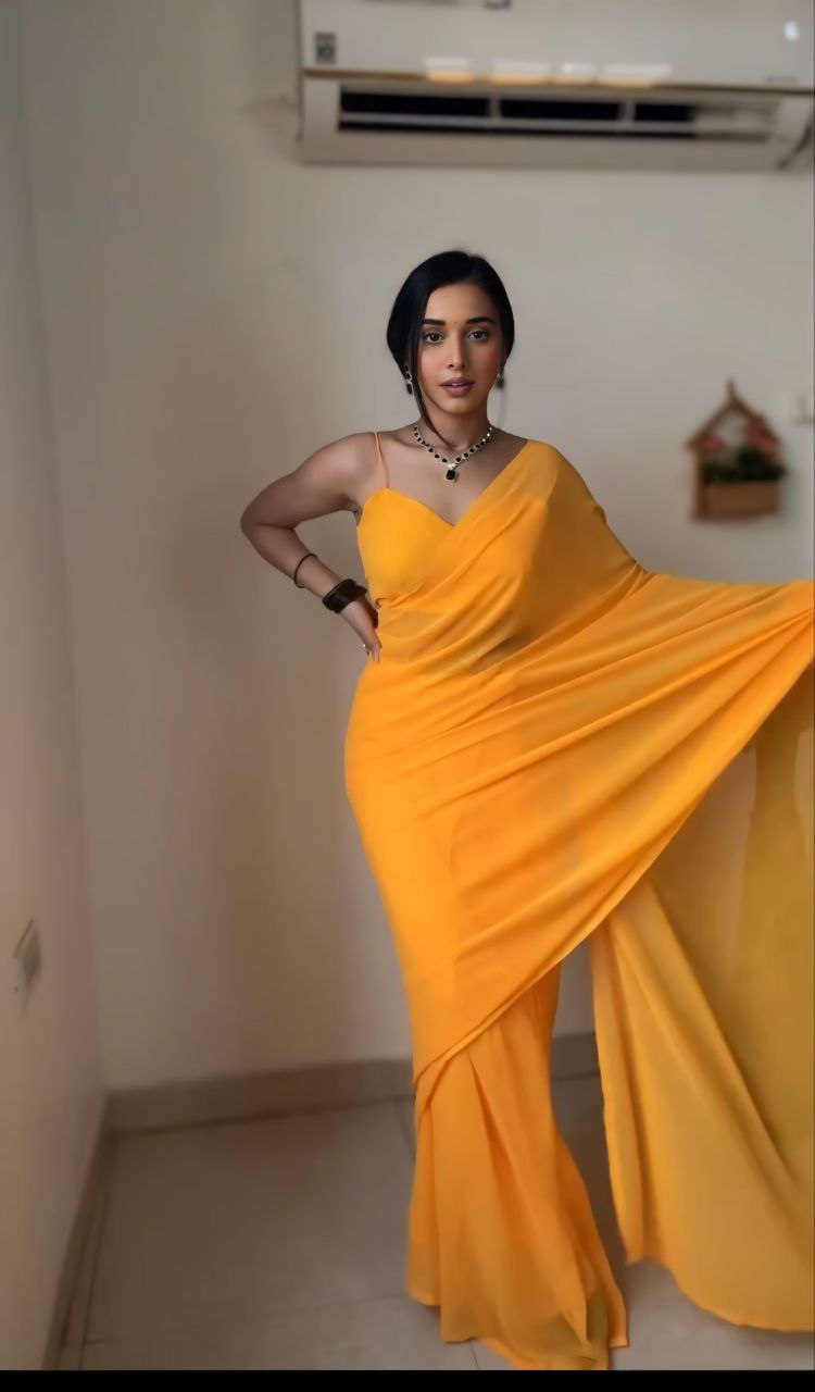 Pure soft Georgette silk with beautiful Yellow color Ready To Wear saree