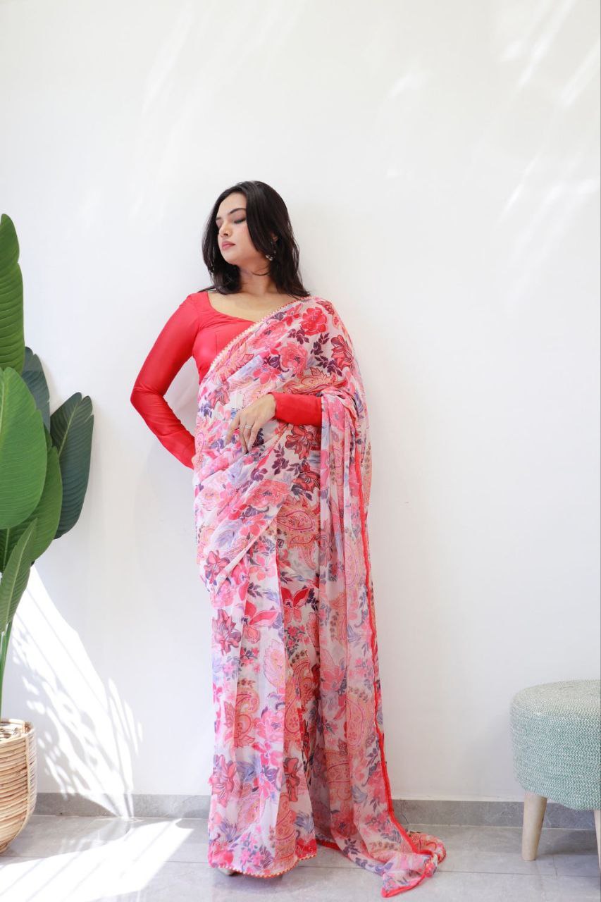 Lemonade Pink Colour Flower Digital Print Design Ready To Wear saree