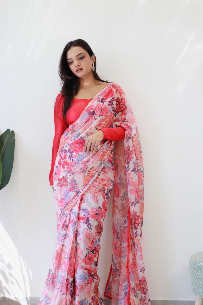 Lemonade Pink Colour Flower Digital Print Design Ready To Wear saree