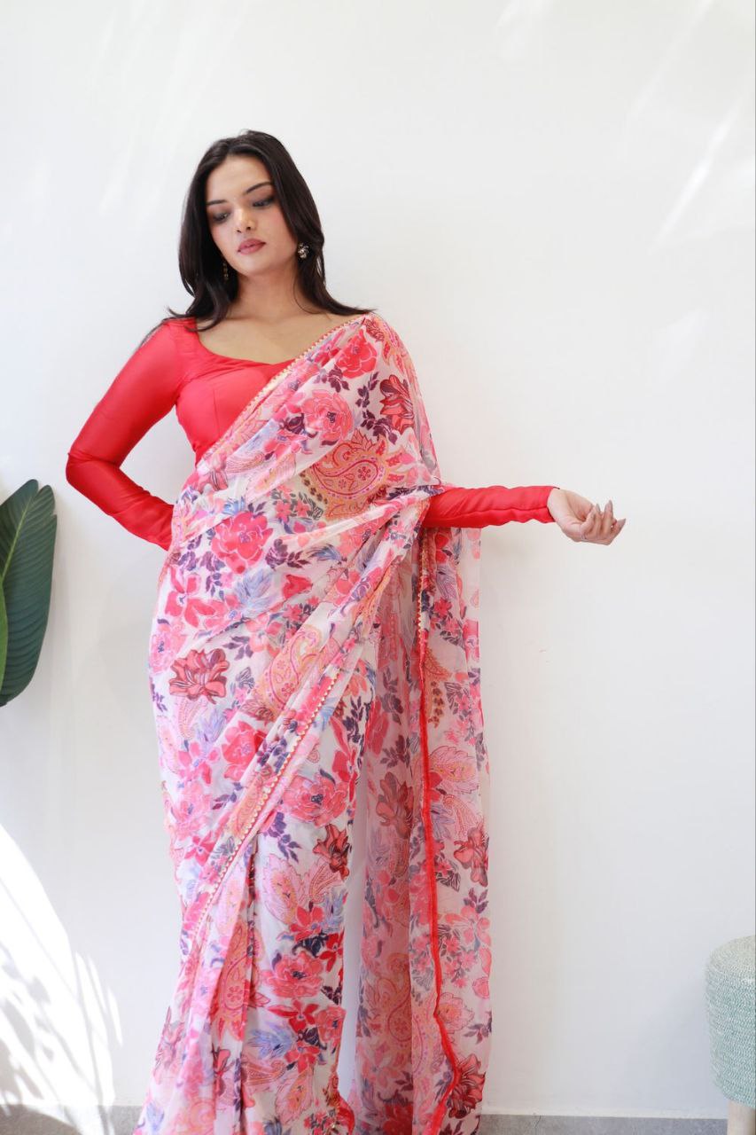 Lemonade Pink Colour Flower Digital Print Design Ready To Wear saree