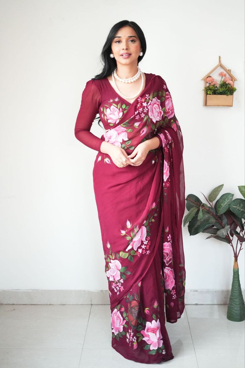 Maroon Colour Flower Digital Print Design Ready To Wear saree