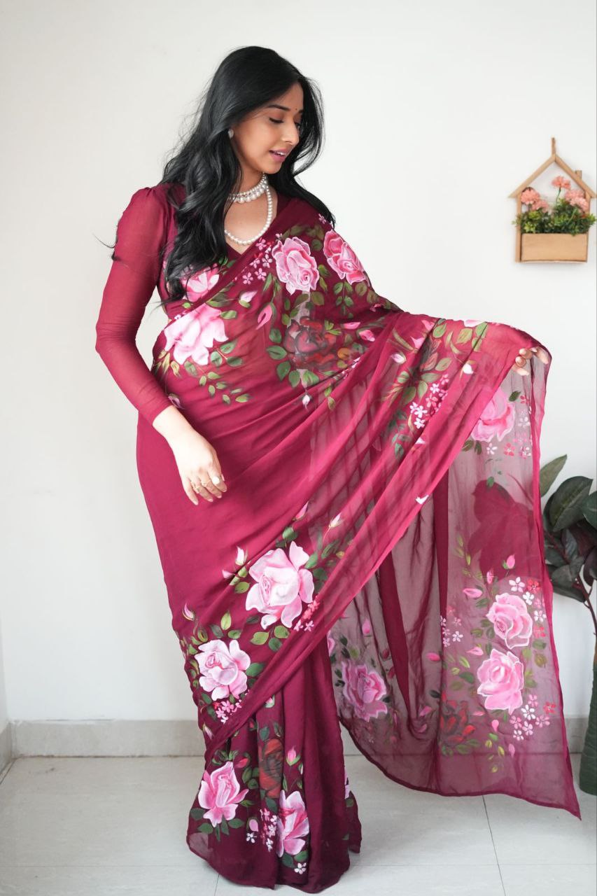 Maroon Colour Flower Digital Print Design Ready To Wear saree