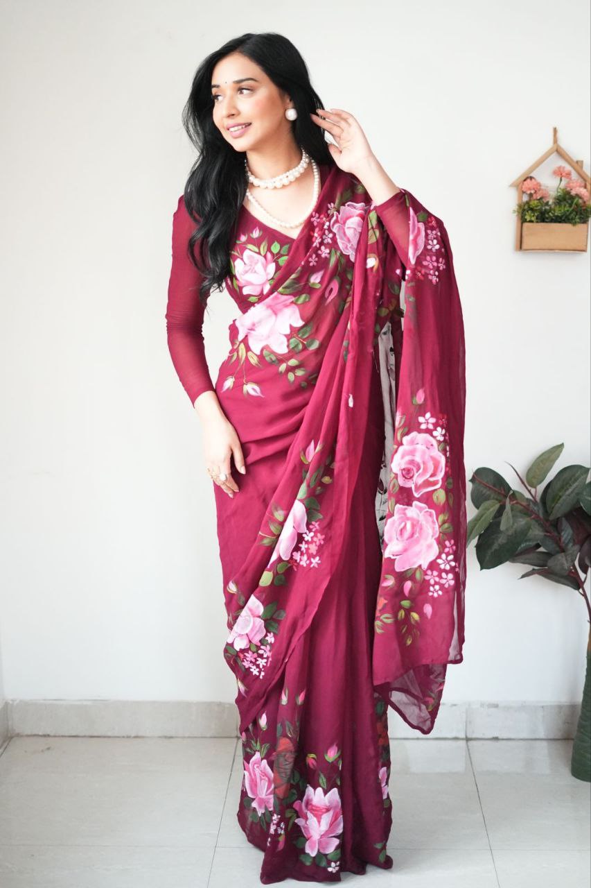 Maroon Colour Flower Digital Print Design Ready To Wear saree