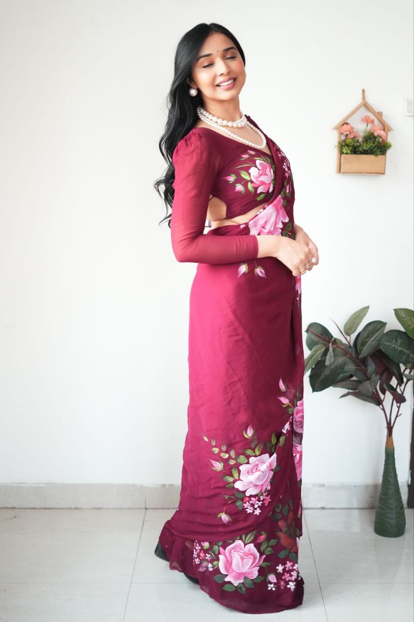 Maroon Colour Flower Digital Print Design Ready To Wear saree