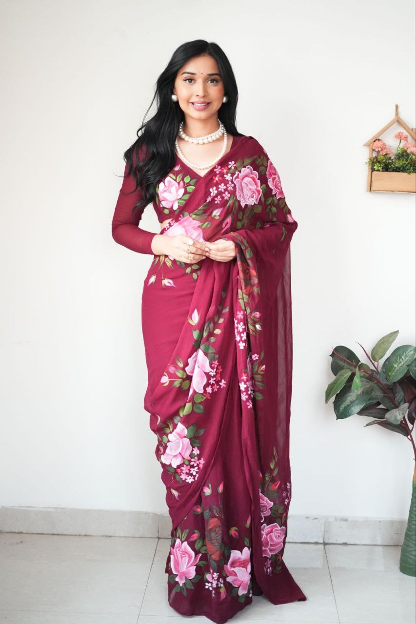 Maroon Colour Flower Digital Print Design Ready To Wear saree