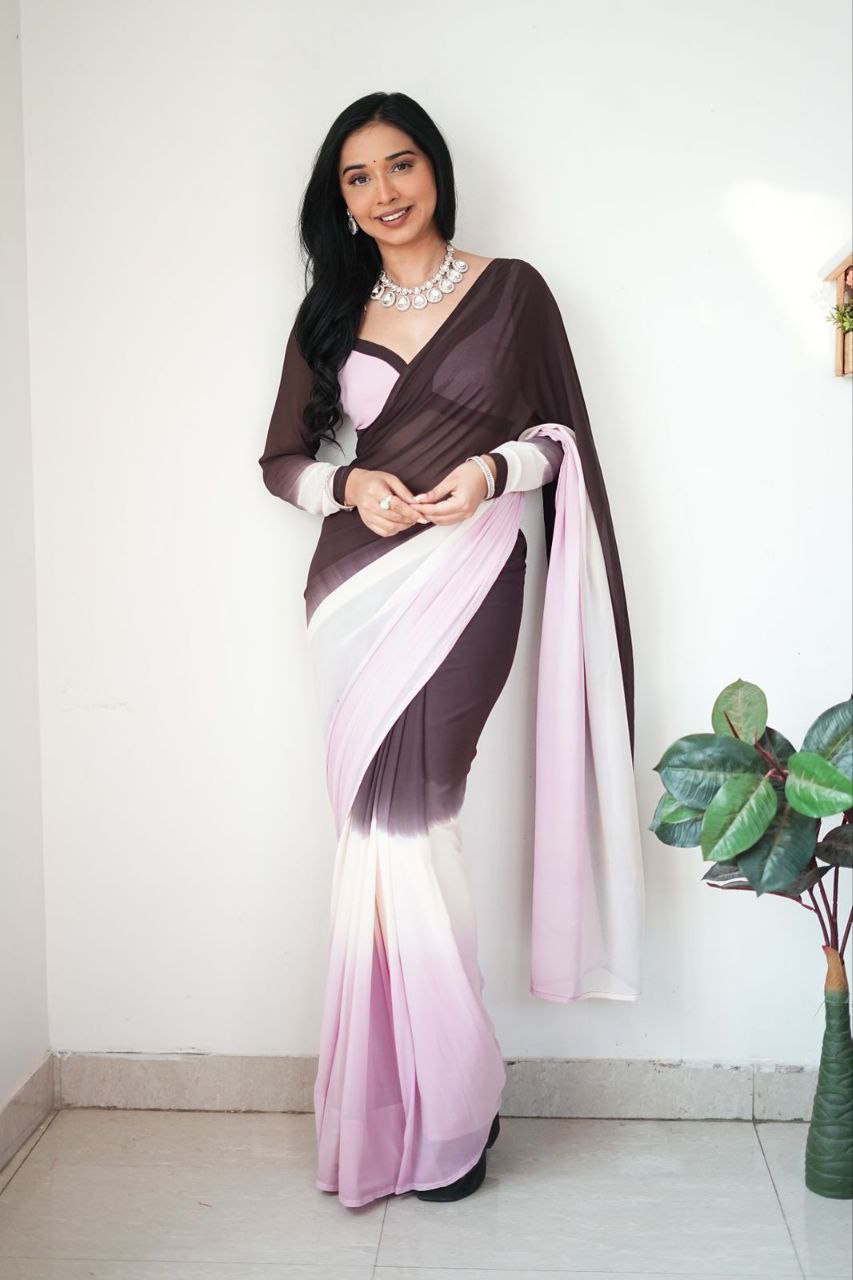 graceful 1-Minute Ready To Wear Black & Baby Pink Georgette Saree