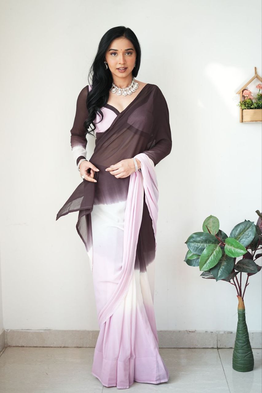 graceful 1-Minute Ready To Wear Black & Baby Pink Georgette Saree