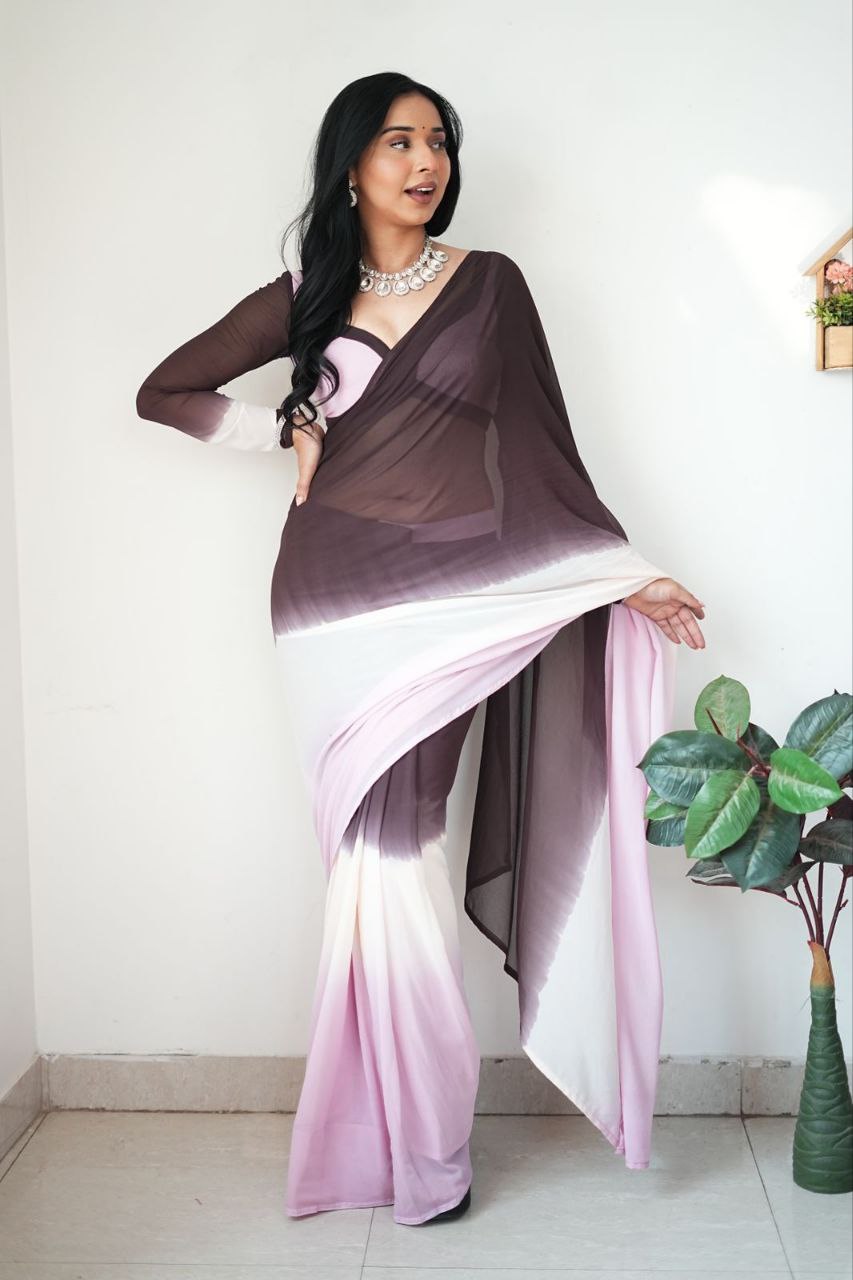 graceful 1-Minute Ready To Wear Black & Baby Pink Georgette Saree