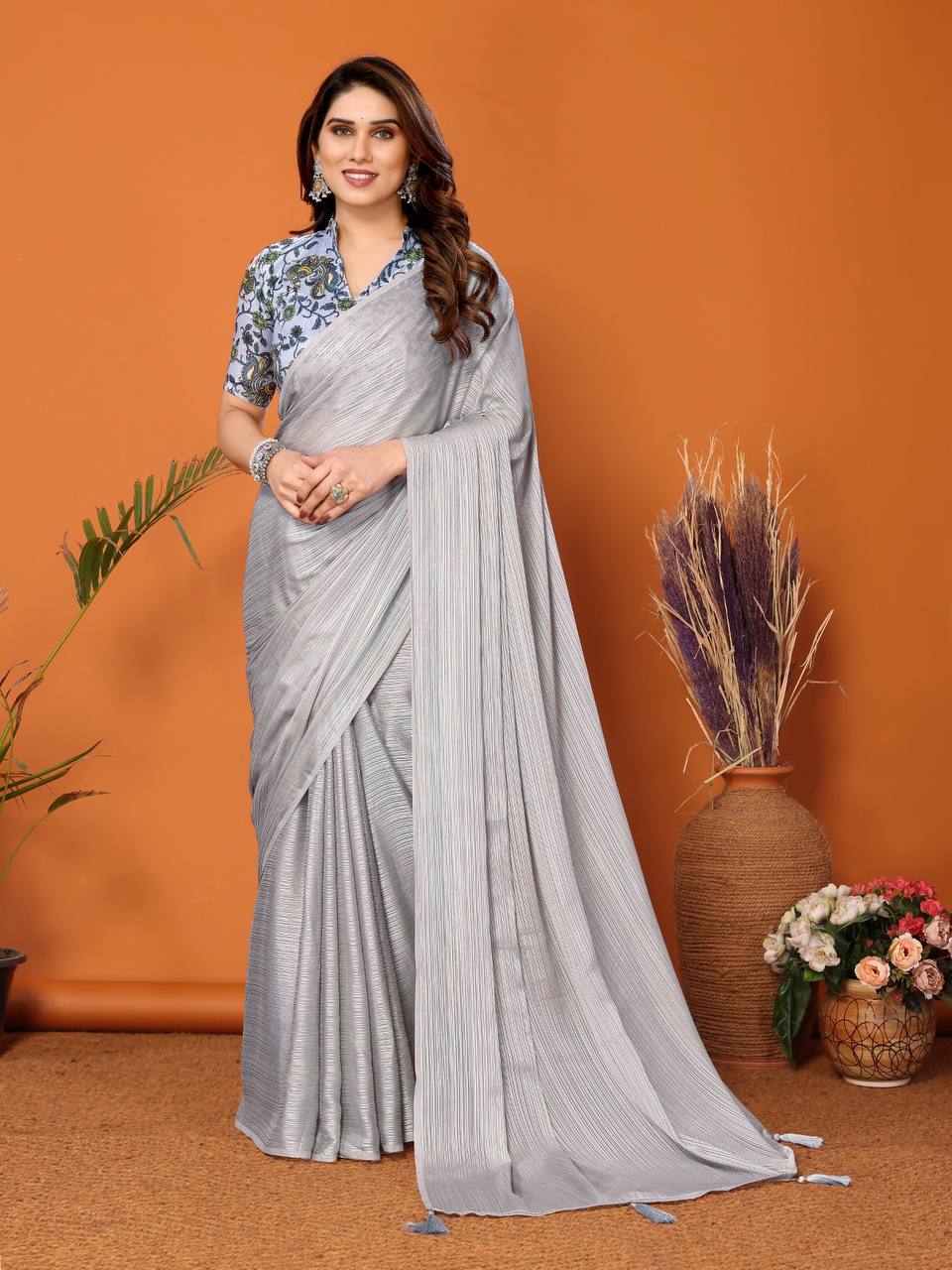 Kaina 1-Minute Ready To Wear  Georgette Saree Coin Grey