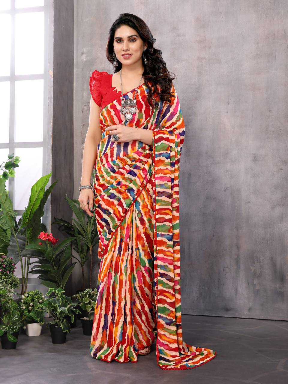 Majesty 1-Minute Ready To Wear Georgette silk Saree With Small Lace Border