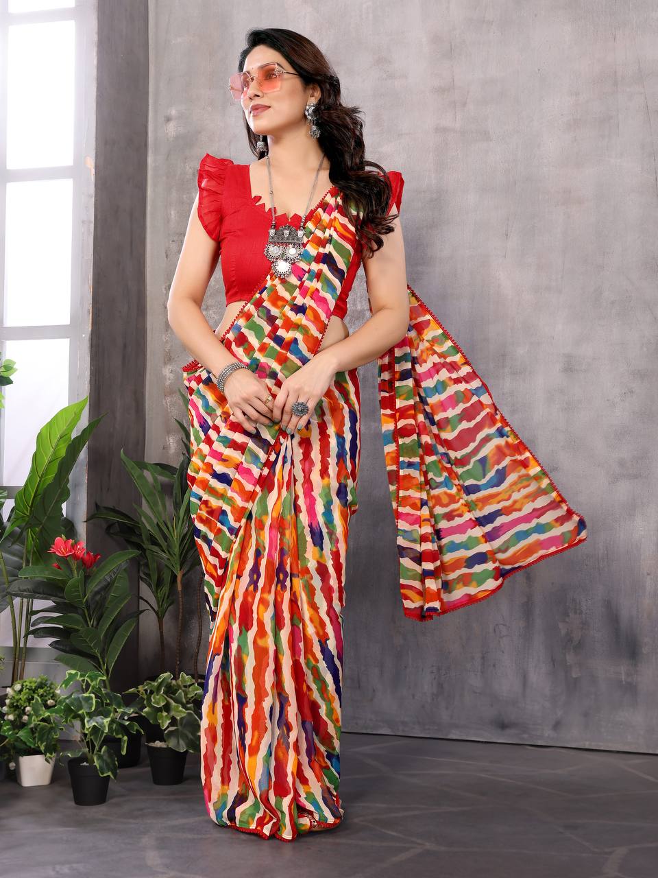 Majesty 1-Minute Ready To Wear Georgette silk Saree With Small Lace Border