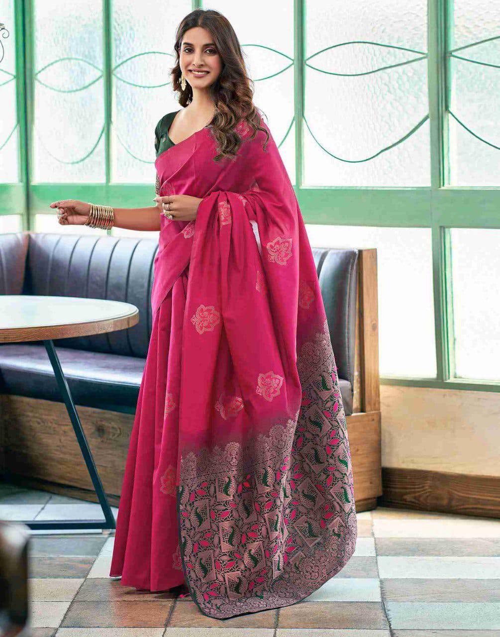 Pink Color Soft  Lichi Silk Woven Saree with Contrast Border