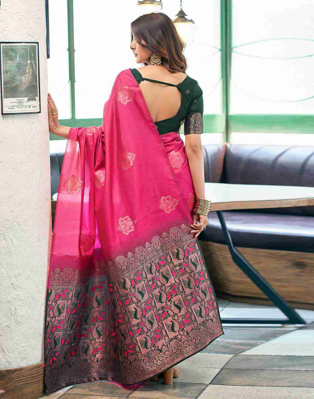 Pink Color Soft  Lichi Silk Woven Saree with Contrast Border