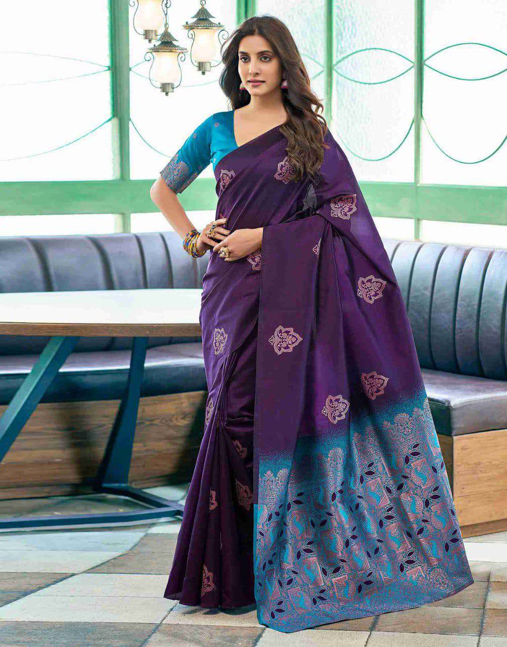 Ethenic Navy Blue Woven Design Art Silk Banarasi Saree