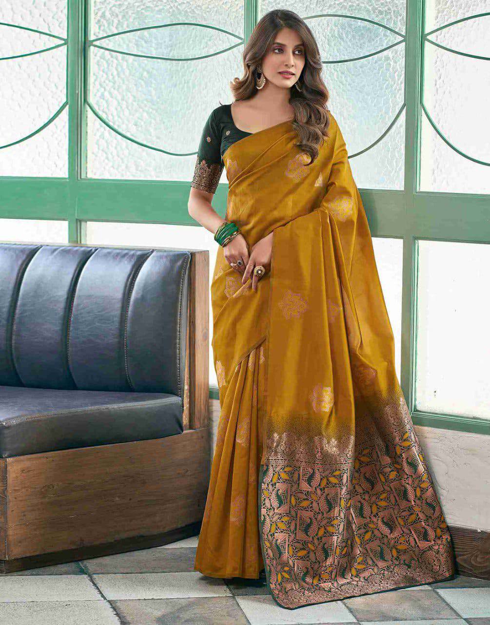 Mustard Yellow Woven Design Art Silk Banarasi Saree