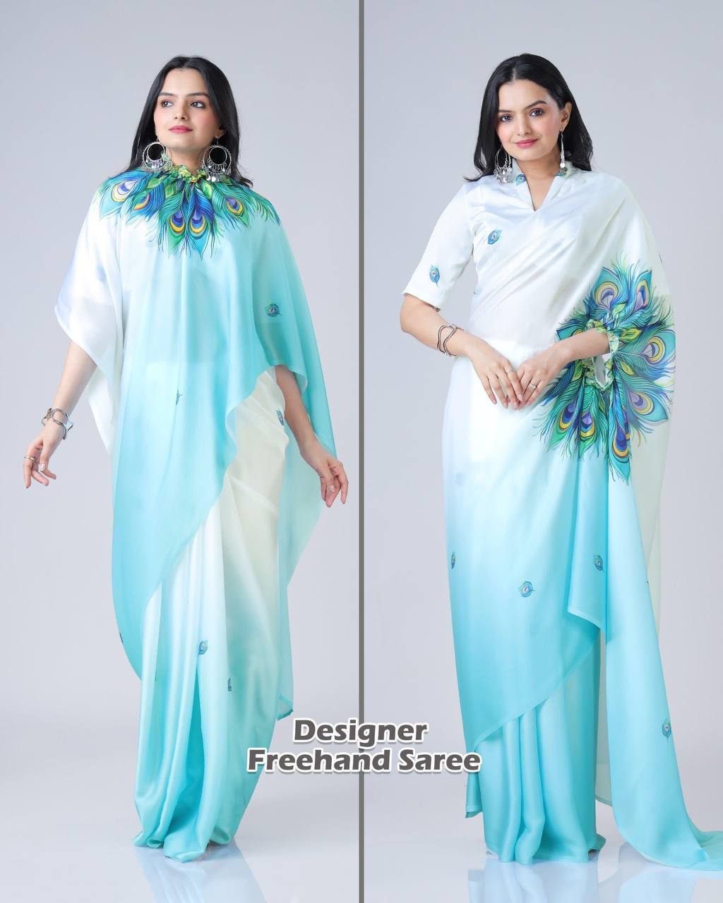 Blue Feather Ombre Freehand Saree