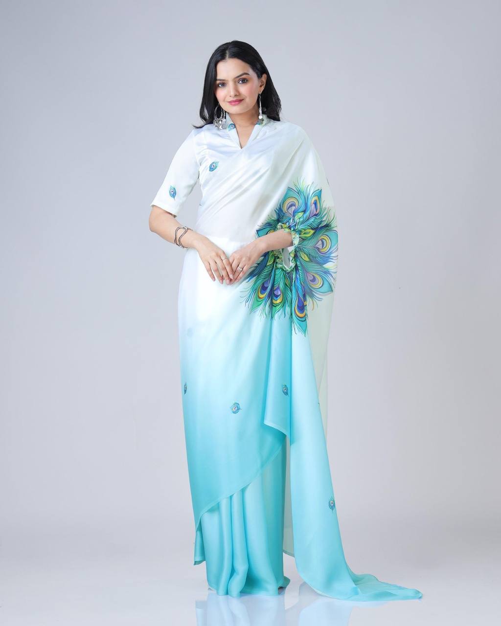 Blue Feather Ombre Freehand Saree