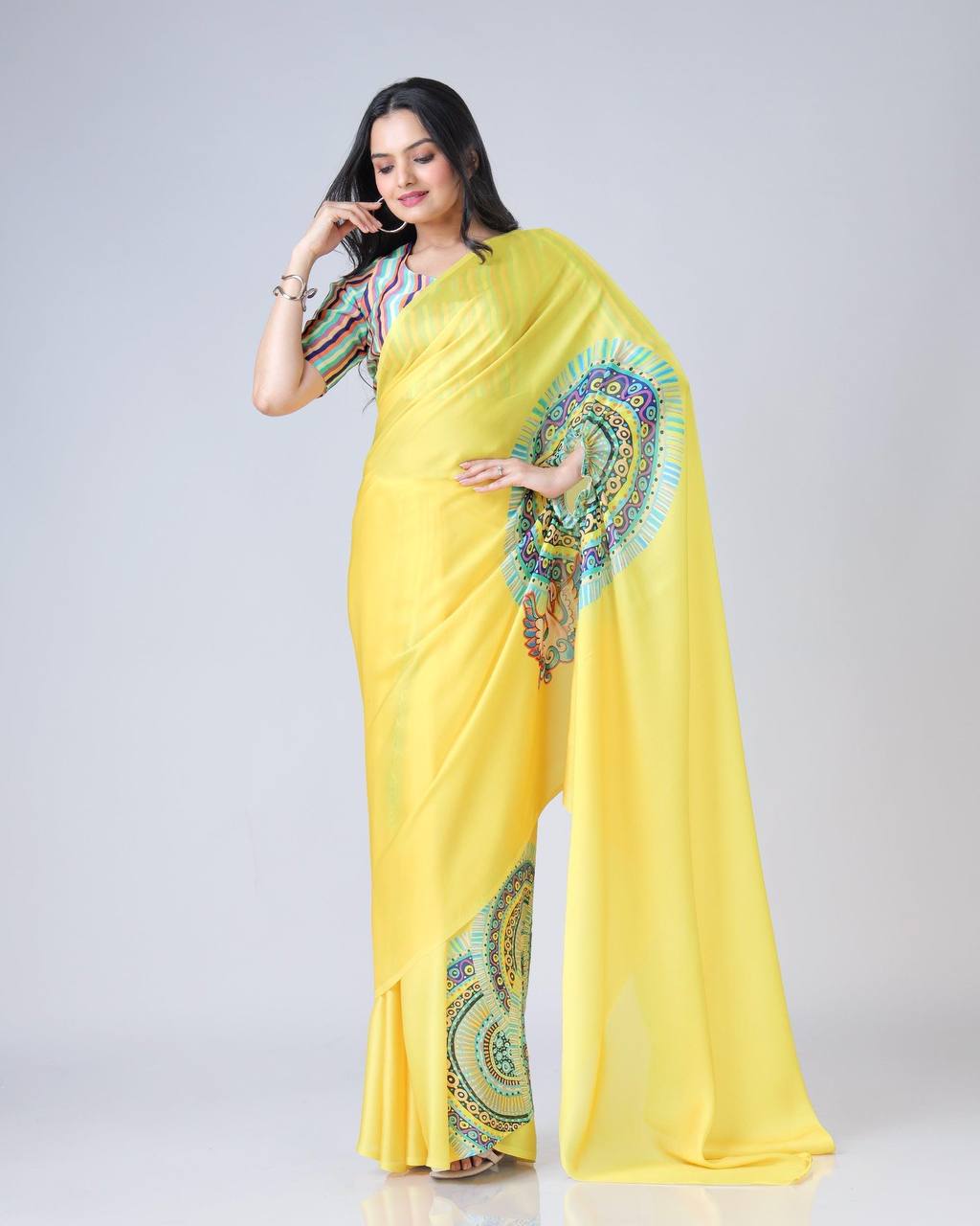 Yellow Traditional Freehand Saree