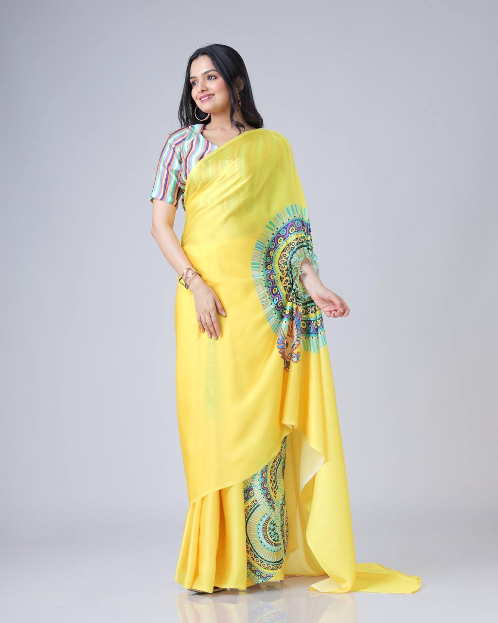 Yellow Traditional Freehand Saree