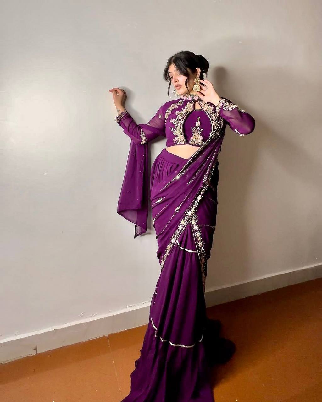 Fuchsia Hand Embroidered Pre Stitched Saree With Blouse