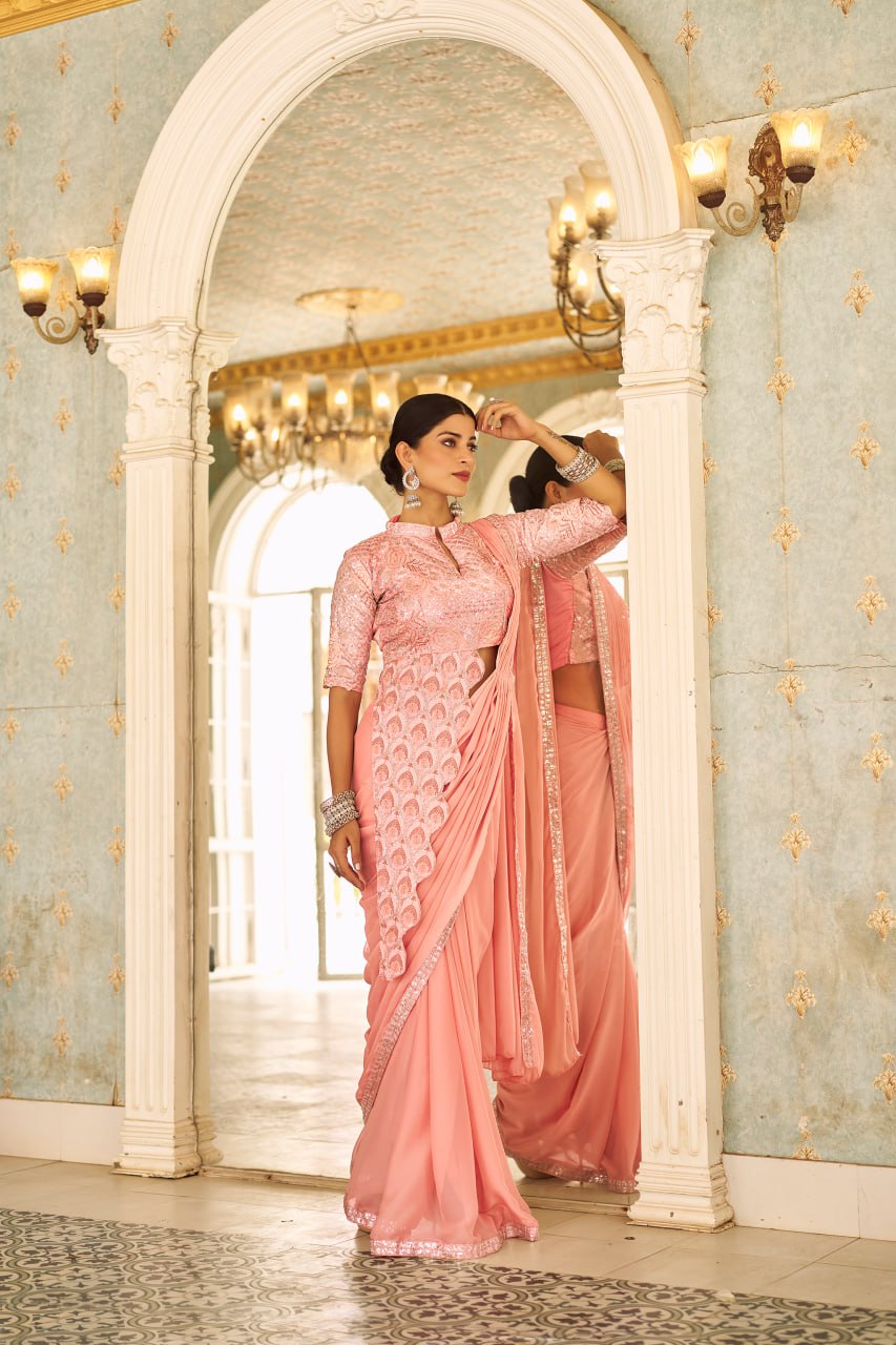Mallow Mauve Embellished Ready To Wear Saree With Fully Embroidered  Saree