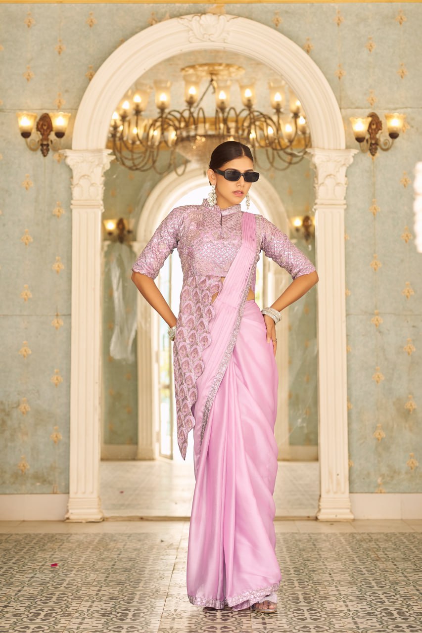 Mallow Mauve Embellished Ready To Wear Saree With Fully Embroidered  Saree