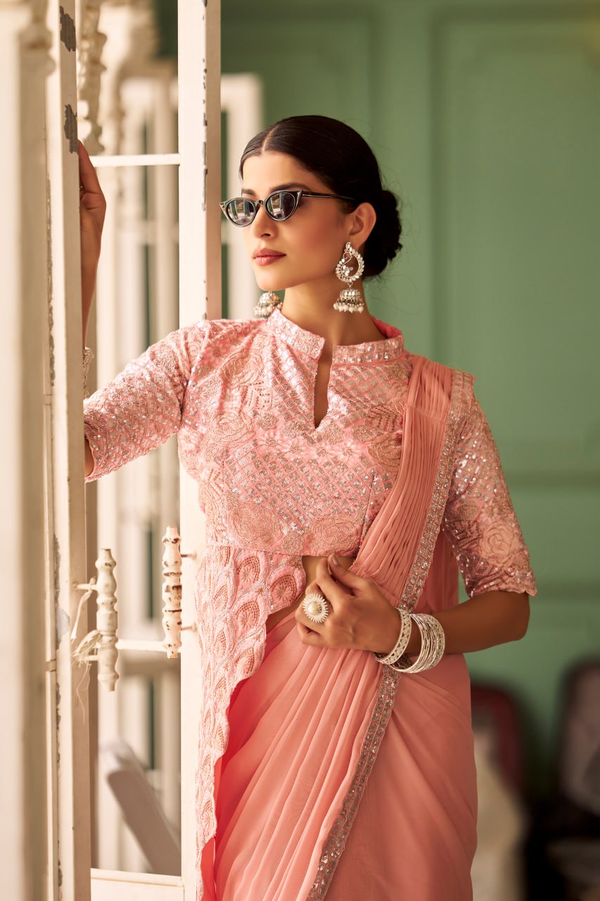Mallow Mauve Embellished Ready To Wear Saree With Fully Embroidered  Saree