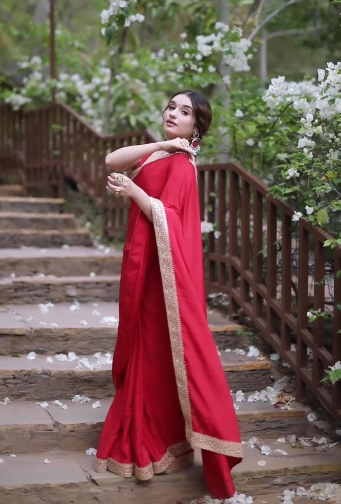 Scarlet Grace Elegant Red Saree with Golden Border