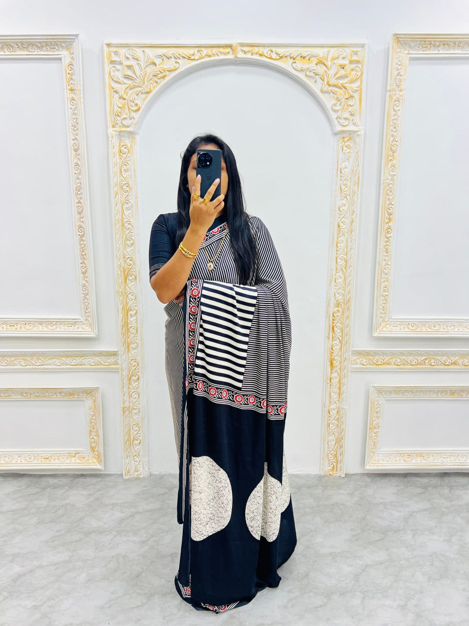 Ready-to-Wear  Black Ajrakh Saree Elegant Fusion of Traditional Art & Modern Design