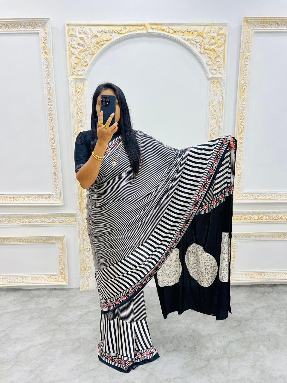 Ready-to-Wear  Black Ajrakh Saree Elegant Fusion of Traditional Art & Modern Design