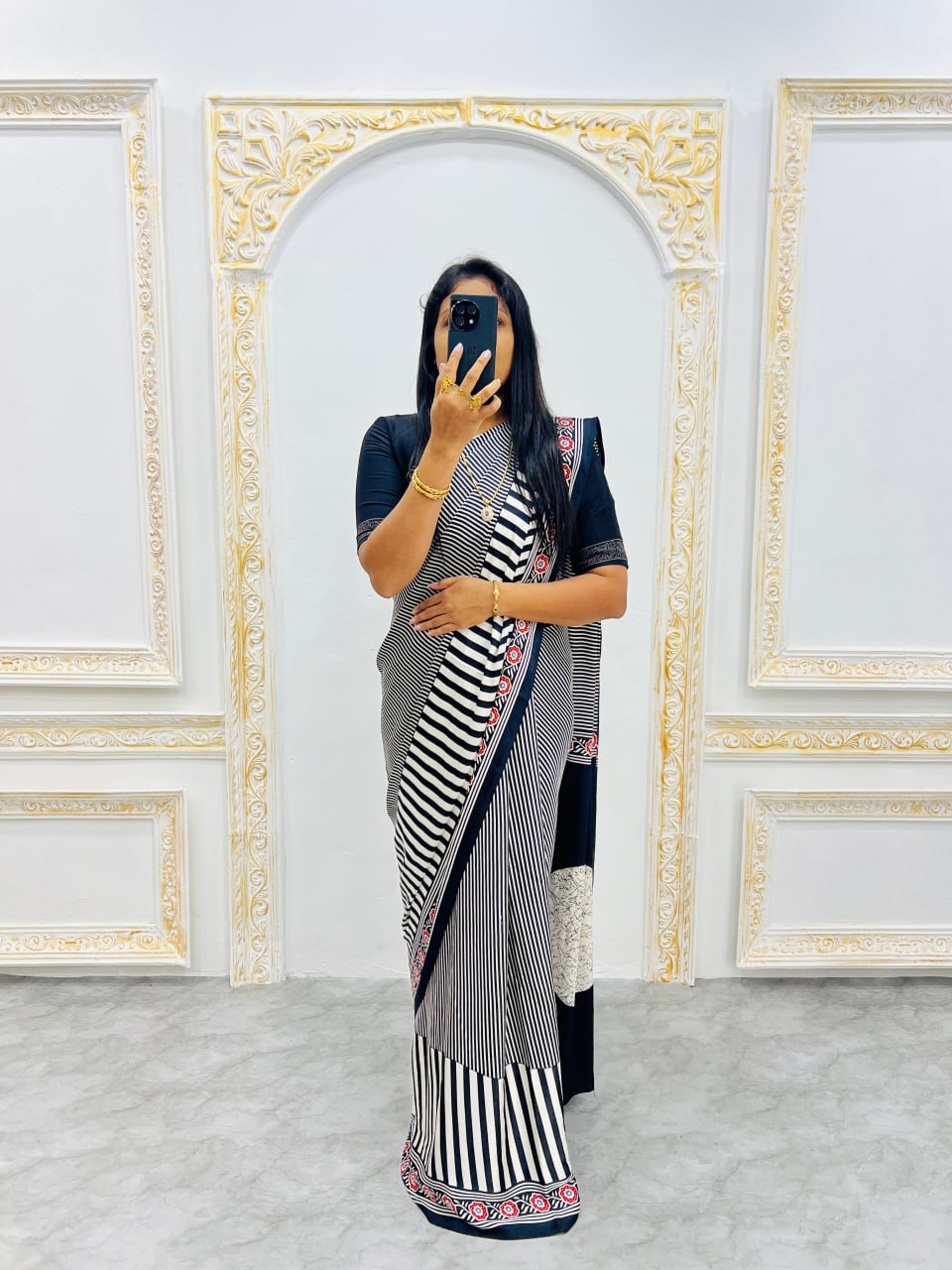 Ready-to-Wear  Black Ajrakh Saree Elegant Fusion of Traditional Art & Modern Design