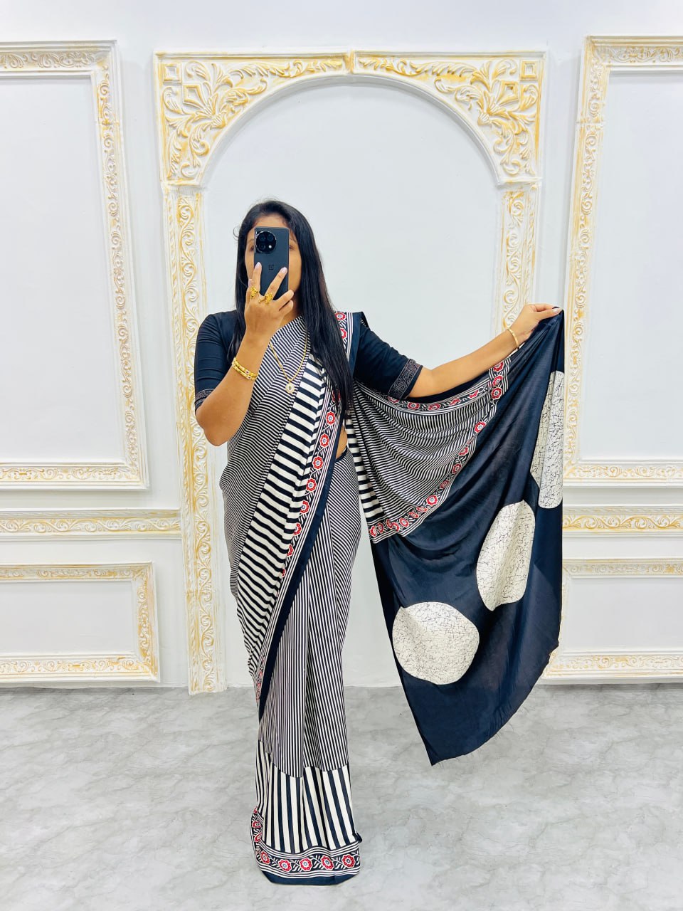 Ready-to-Wear  Black Ajrakh Saree Elegant Fusion of Traditional Art & Modern Design