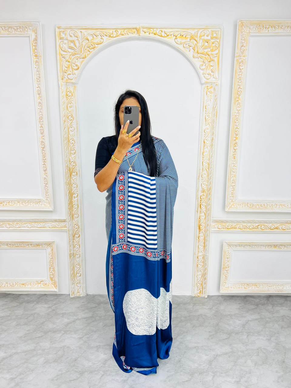 Ready-to-Wear  Blue  Ajrakh Saree Elegant Fusion of Traditional Art & Modern Design