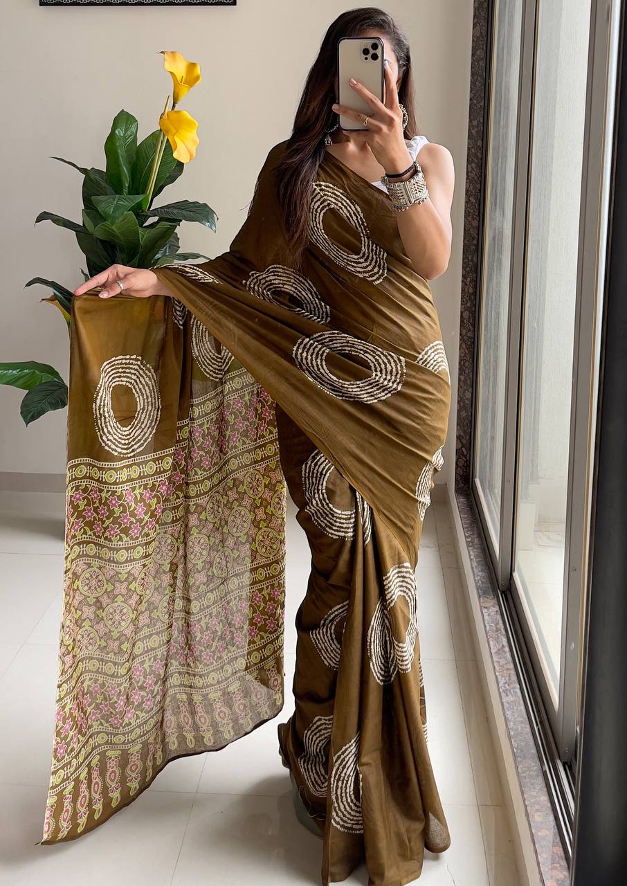 Traditional Ajrakh Bandhej Handblock Pure Mul Cotton Print Saree