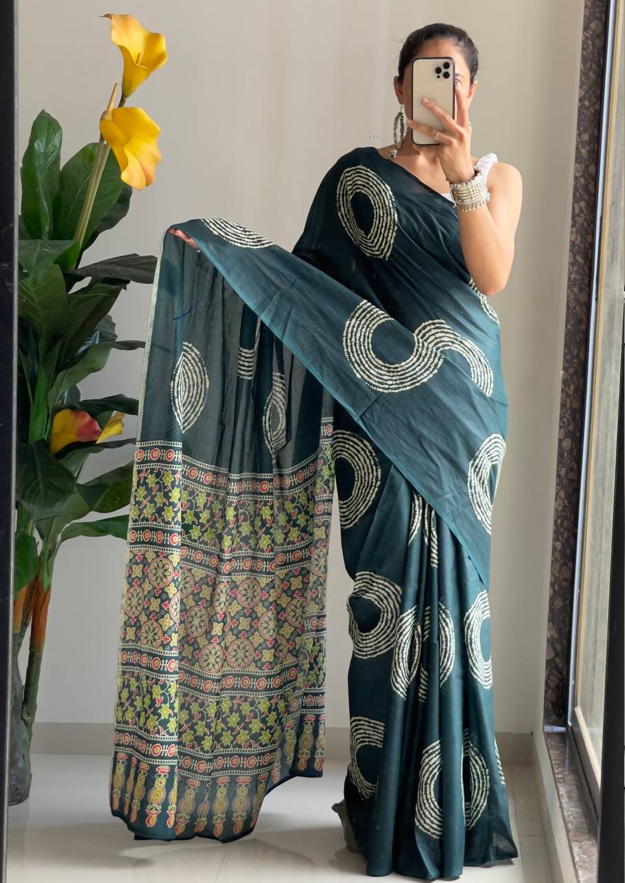 Traditional Ajrakh Bandhej Handblock Pure Mul Cotton Print Saree