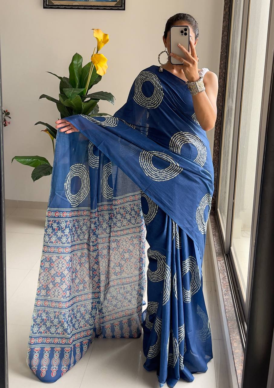 Traditional Ajrakh Bandhej Handblock Pure Mul Cotton Print Saree