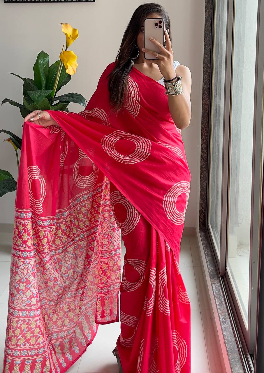 Traditional Ajrakh Bandhej Handblock Pure Mul Cotton Print Saree