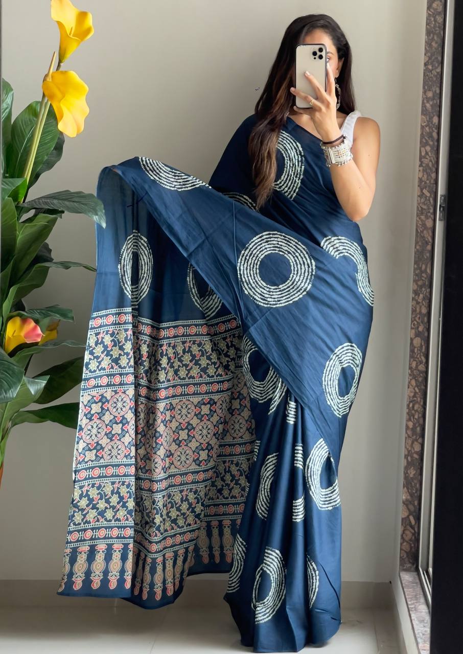 Traditional Ajrakh Bandhej Handblock Pure Mul Cotton Print Saree